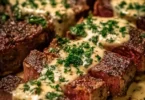 Creamy garlic sauce drizzled over a perfectly cooked steak