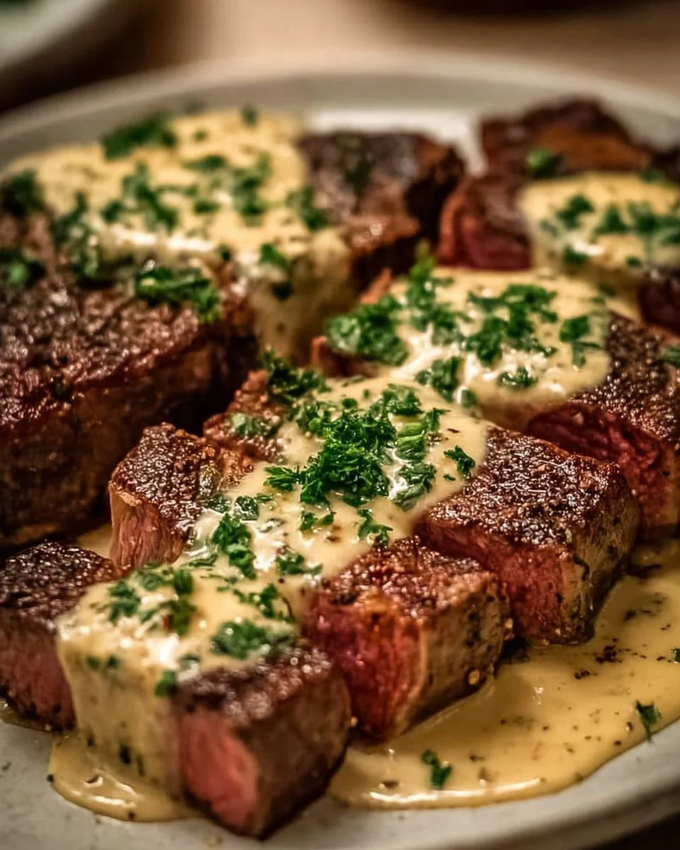 Creamy garlic sauce drizzled over a perfectly cooked steak