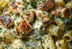 Creamy pesto chicken pasta with fresh ingredients in a bowl
