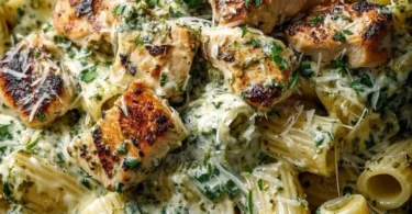 Creamy pesto chicken pasta with fresh ingredients in a bowl