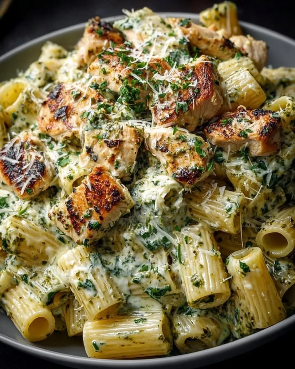 Creamy pesto chicken pasta with fresh ingredients in a bowl