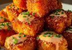 Crispy Bang Bang Salmon Bites garnished and ready to serve