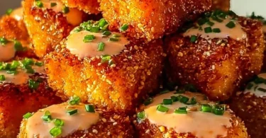 Crispy Bang Bang Salmon Bites garnished and ready to serve