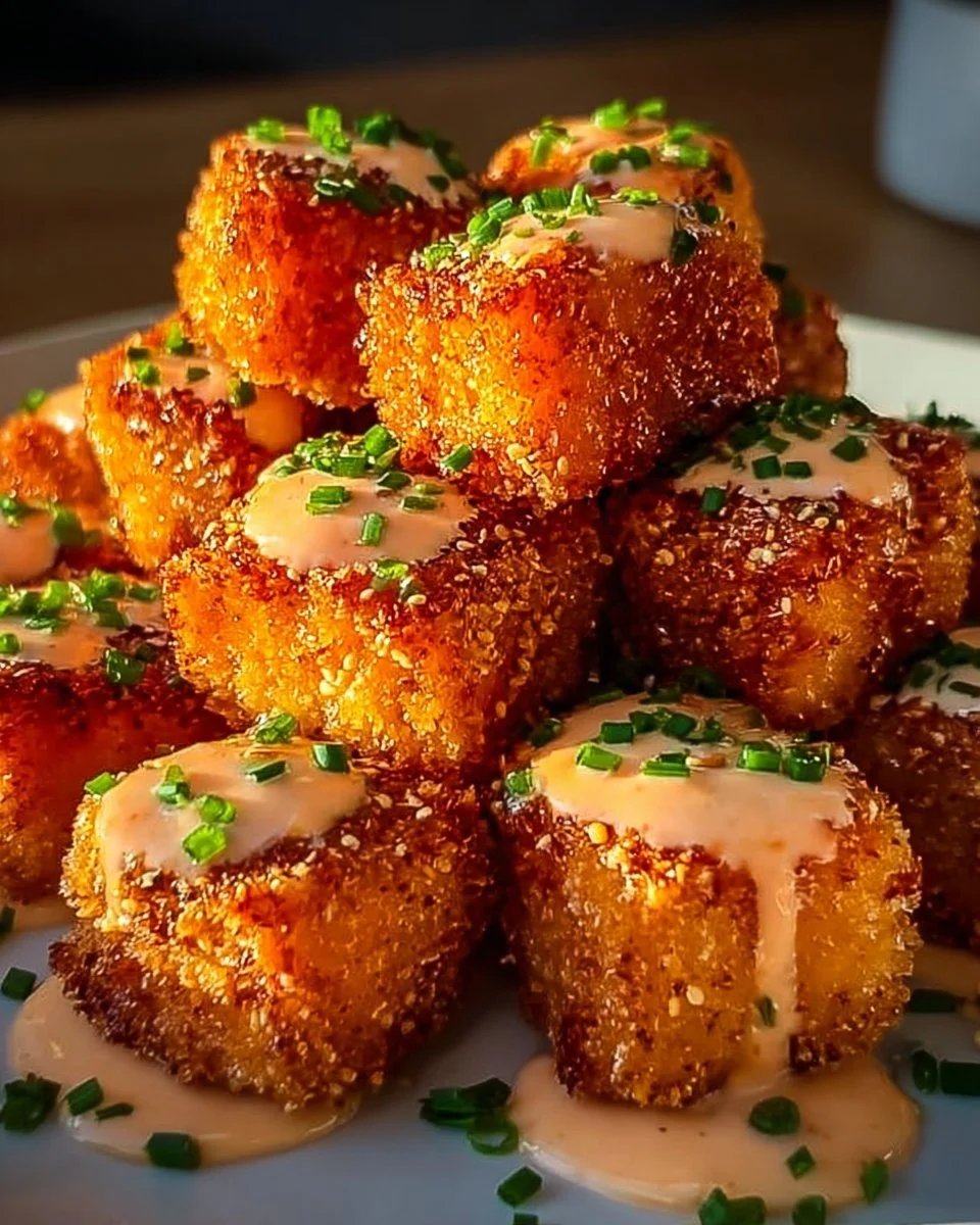 Crispy Bang Bang Salmon Bites garnished and ready to serve