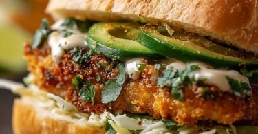 Crispy Cilantro Lime Chicken Sandwich topped with fresh cilantro and lime.