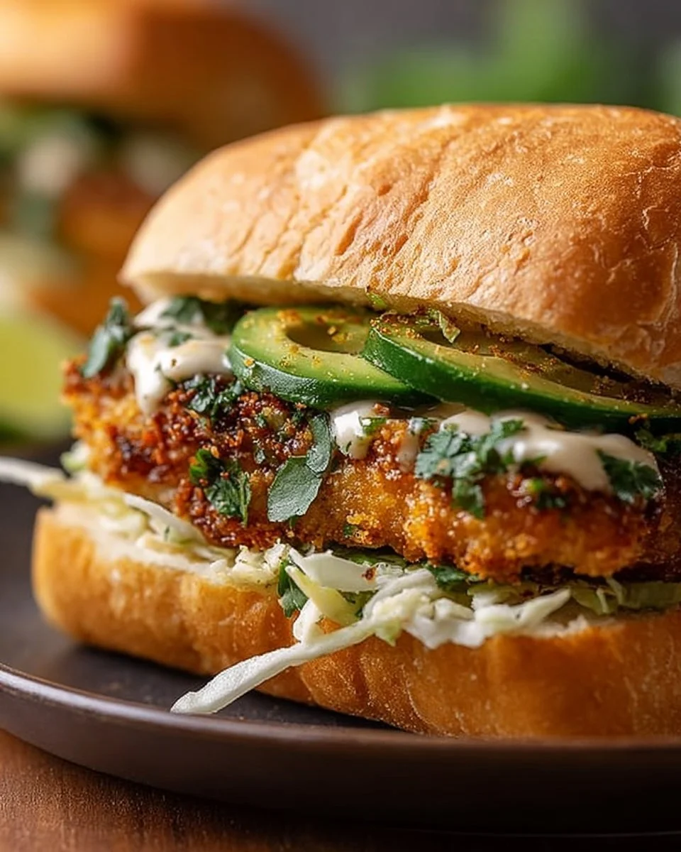 Crispy Cilantro Lime Chicken Sandwich topped with fresh cilantro and lime.