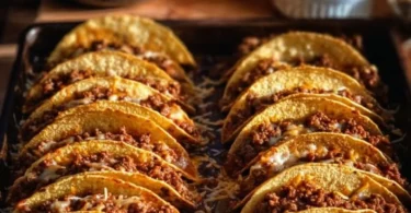 Crispy ground beef tacos garnished with fresh vegetables and cheese