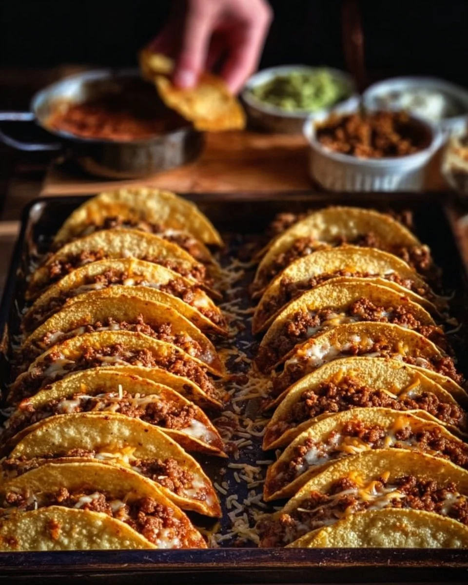 Crispy ground beef tacos garnished with fresh vegetables and cheese