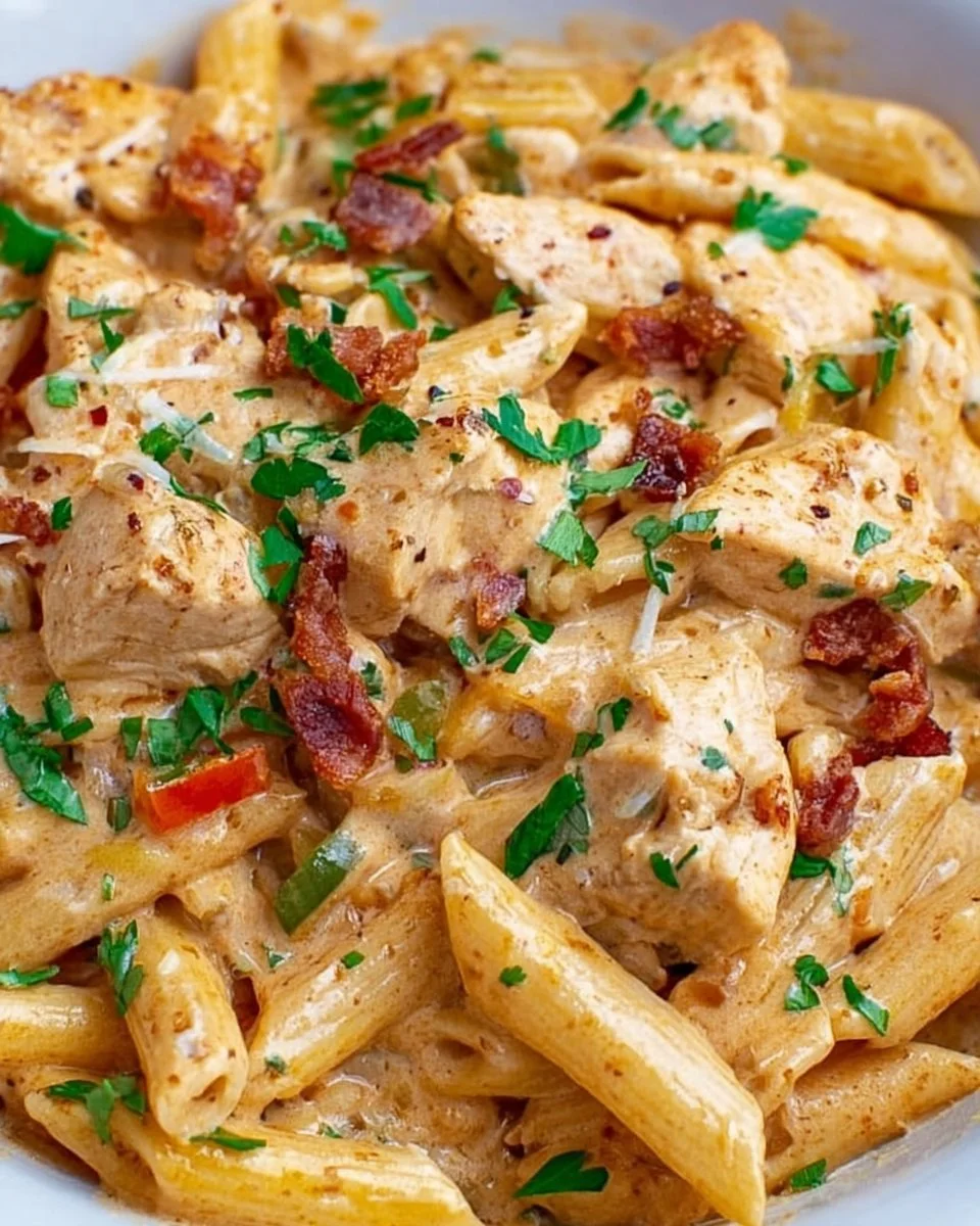 Crock Pot Creamy Cajun Chicken Pasta dish with vibrant colors and creamy texture.