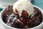 Delicious Crockpot Brownies Pudding in a bowl, topped with chocolate sauce