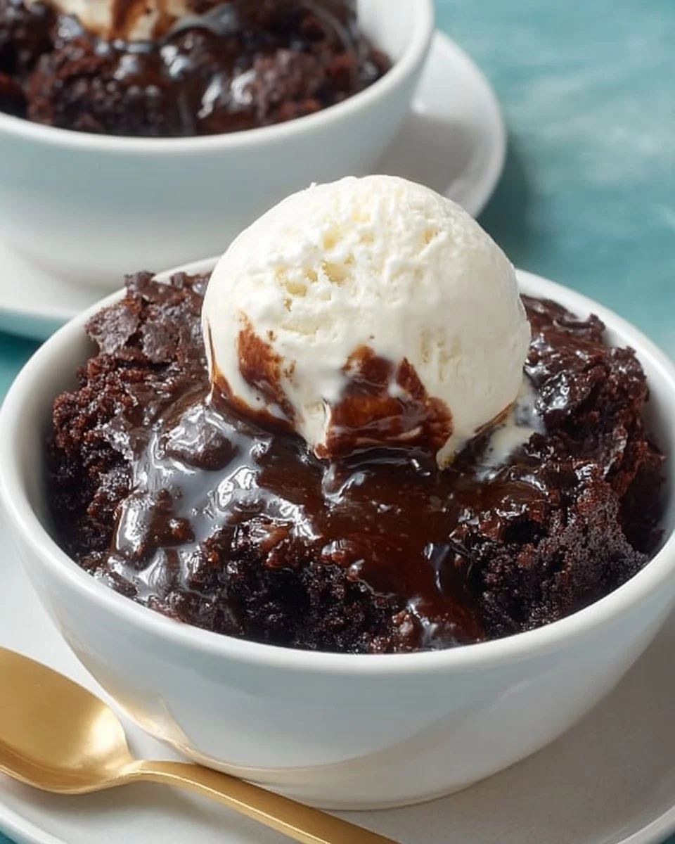 Delicious Crockpot Brownies Pudding in a bowl, topped with chocolate sauce