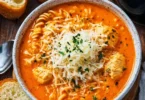 Delicious bowl of Crockpot Chicken Parmesan Soup garnished with parsley
