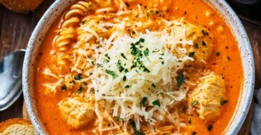 Delicious bowl of Crockpot Chicken Parmesan Soup garnished with parsley
