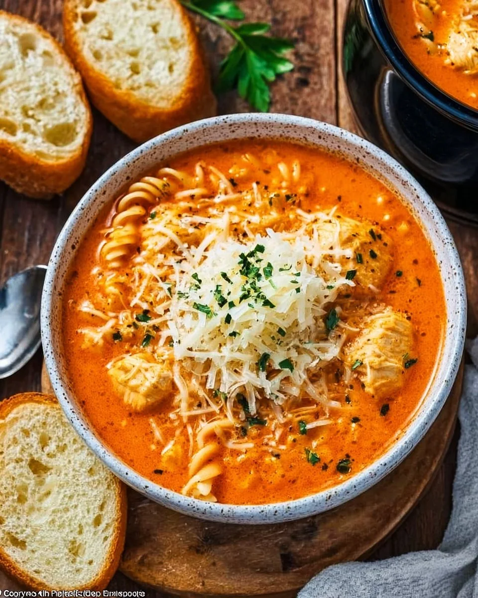 Delicious bowl of Crockpot Chicken Parmesan Soup garnished with parsley