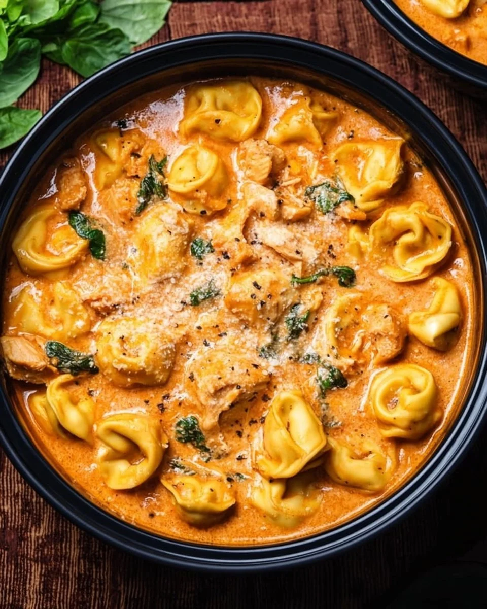 Delicious CrockPot Chicken Tortellini served in a bowl with herbs and vegetables