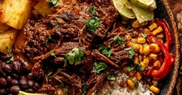 Crockpot Chipotle Pineapple Pot Roast Bowl garnished with fresh herbs