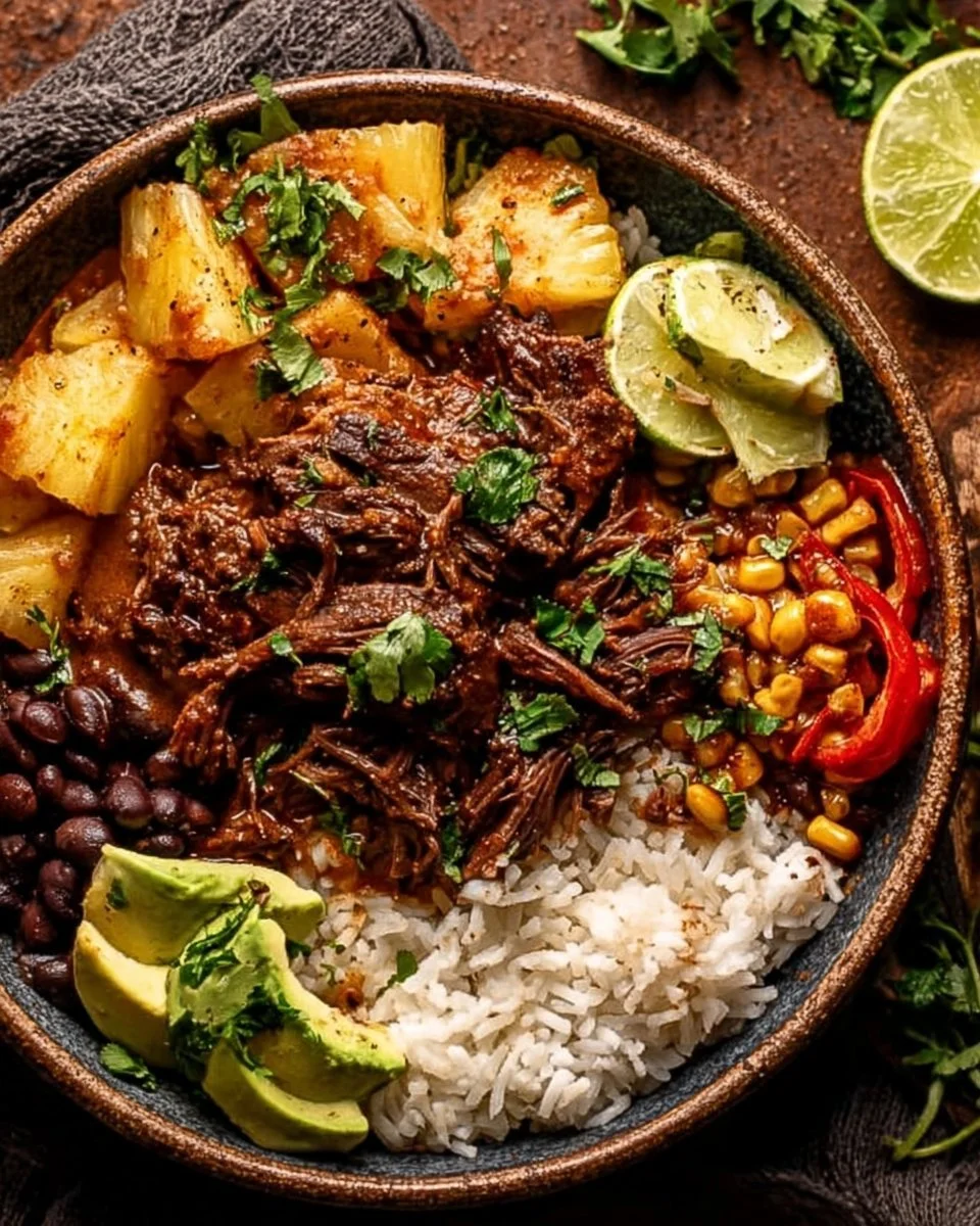 Crockpot Chipotle Pineapple Pot Roast Bowl garnished with fresh herbs
