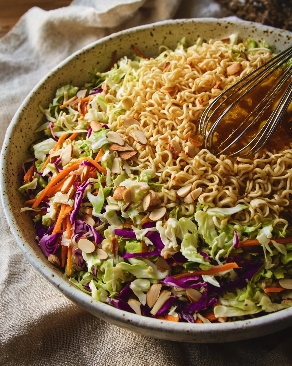 Crunchy ramen noodle salad with colorful vegetables and dressing
