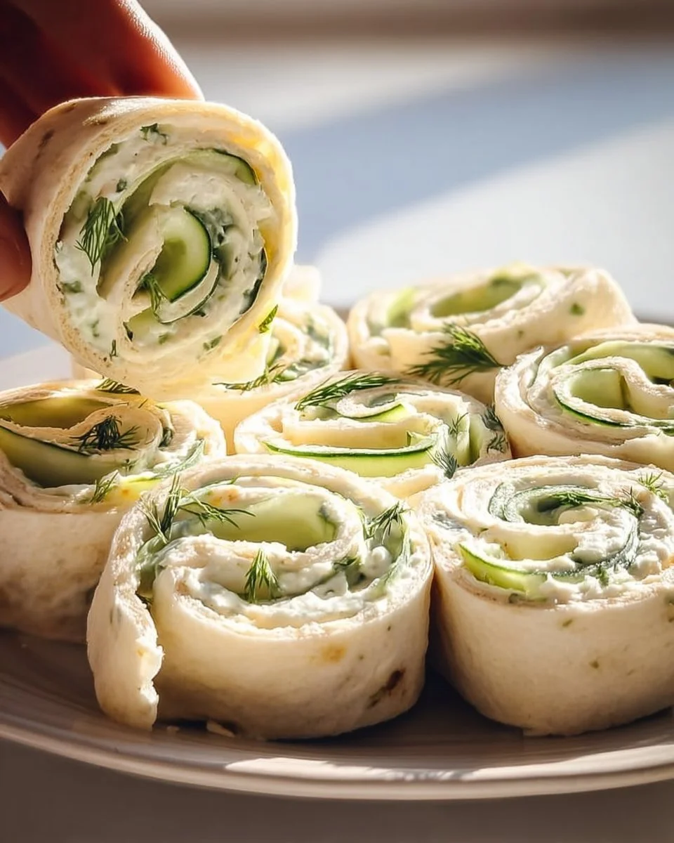 Plate of Cucumber Dill Pinwheels appetizer rolls with fresh ingredients.