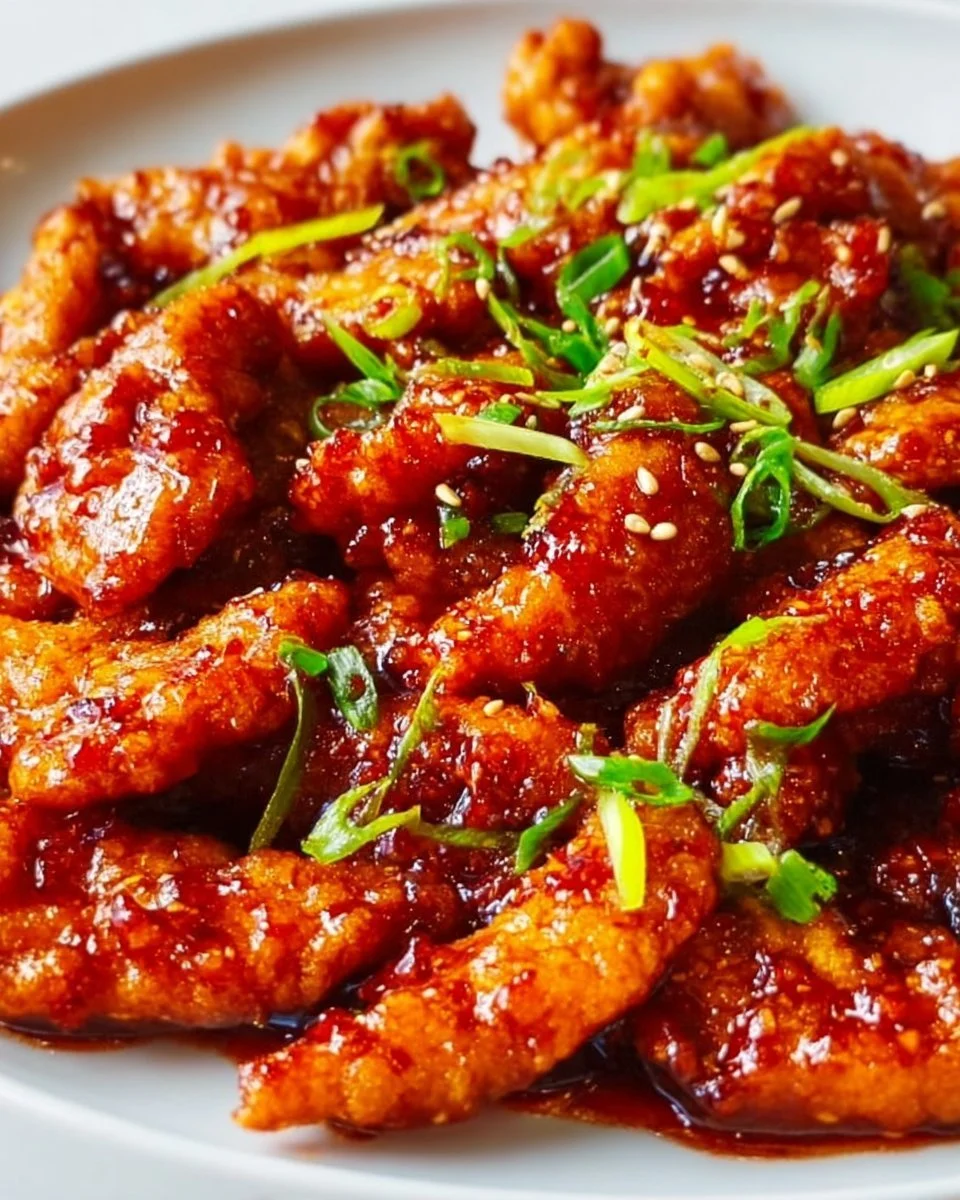 Plate of spicy Dragon Chicken with vibrant vegetables and rich sauce.