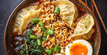 Delicious Dumpling Ramen Bowl with tender dumplings and savory broth