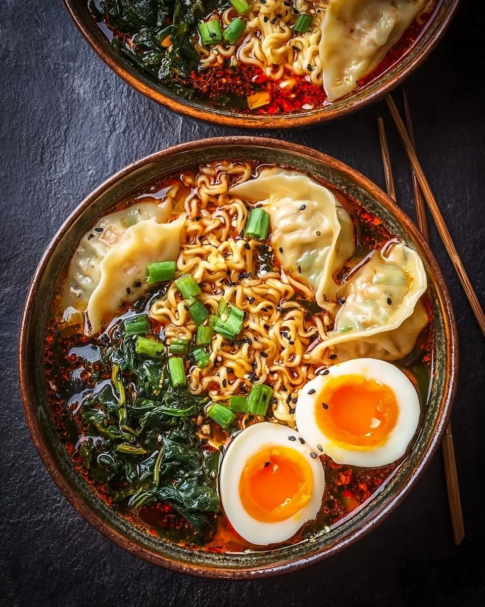 Delicious Dumpling Ramen Bowl with tender dumplings and savory broth
