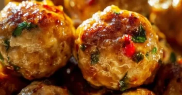 Plate of easy Thai baked chicken meatballs garnished with herbs