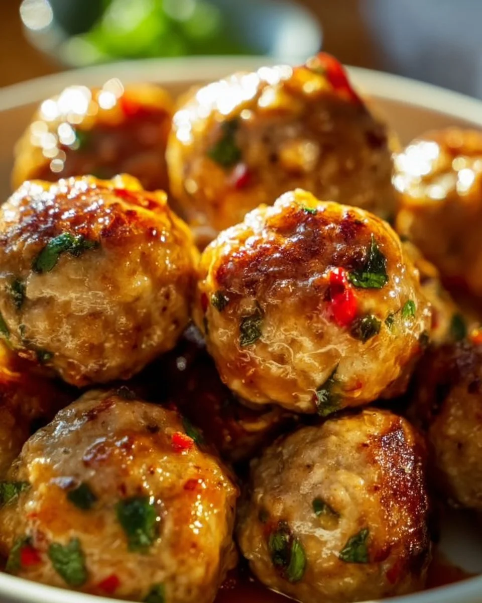 Plate of easy Thai baked chicken meatballs garnished with herbs