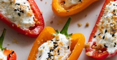 Vibrant cream cheese stuffed mini bell peppers on a serving platter