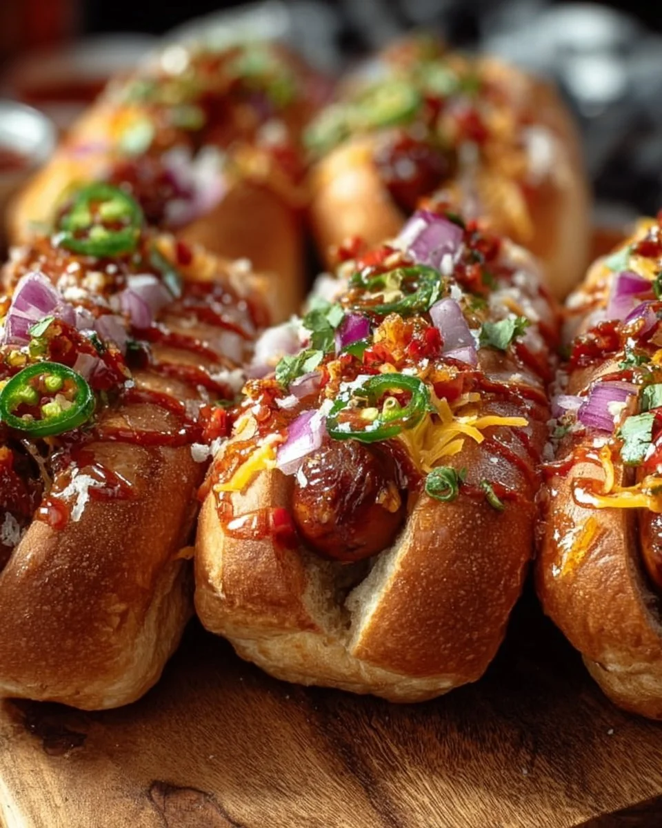 Delicious Firecracker Hot Dogs on a grill, ready for a summer barbecue