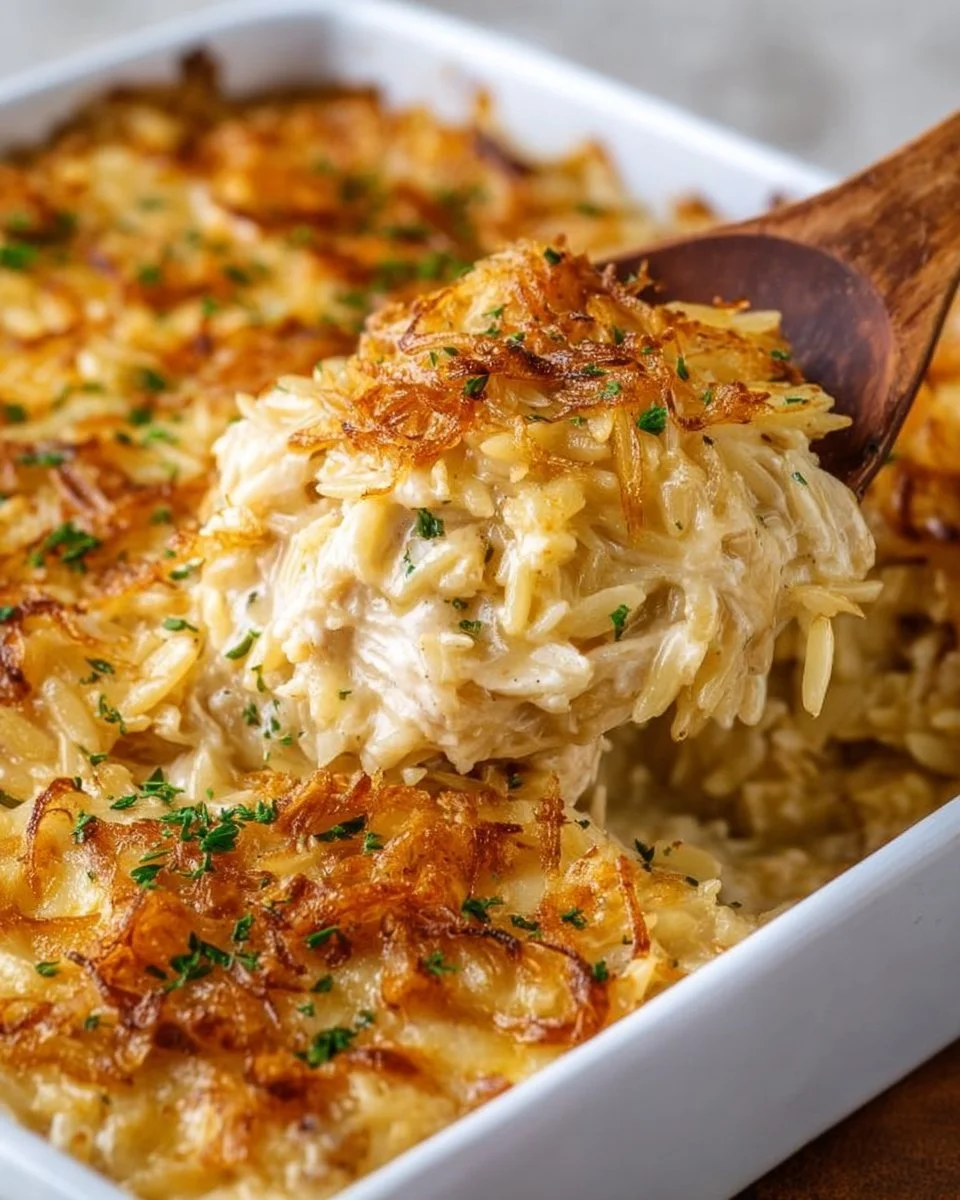 Savory French Onion Chicken Orzo Casserole topped with melted cheese and herbs.