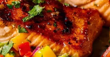Fresh salmon fillet topped with vibrant mango salsa on a plate.