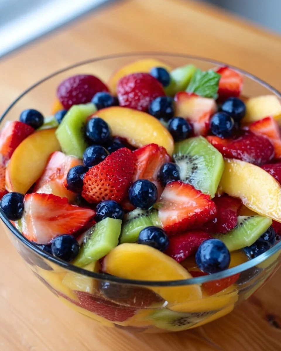 Colorful fruit salad drizzled with honey lime dressing, showcasing fresh fruits.