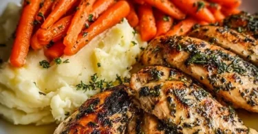 Plate of Garlic Herb Chicken with creamy mashed potatoes and glazed carrots