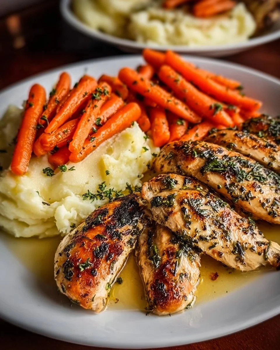 Plate of Garlic Herb Chicken with creamy mashed potatoes and glazed carrots