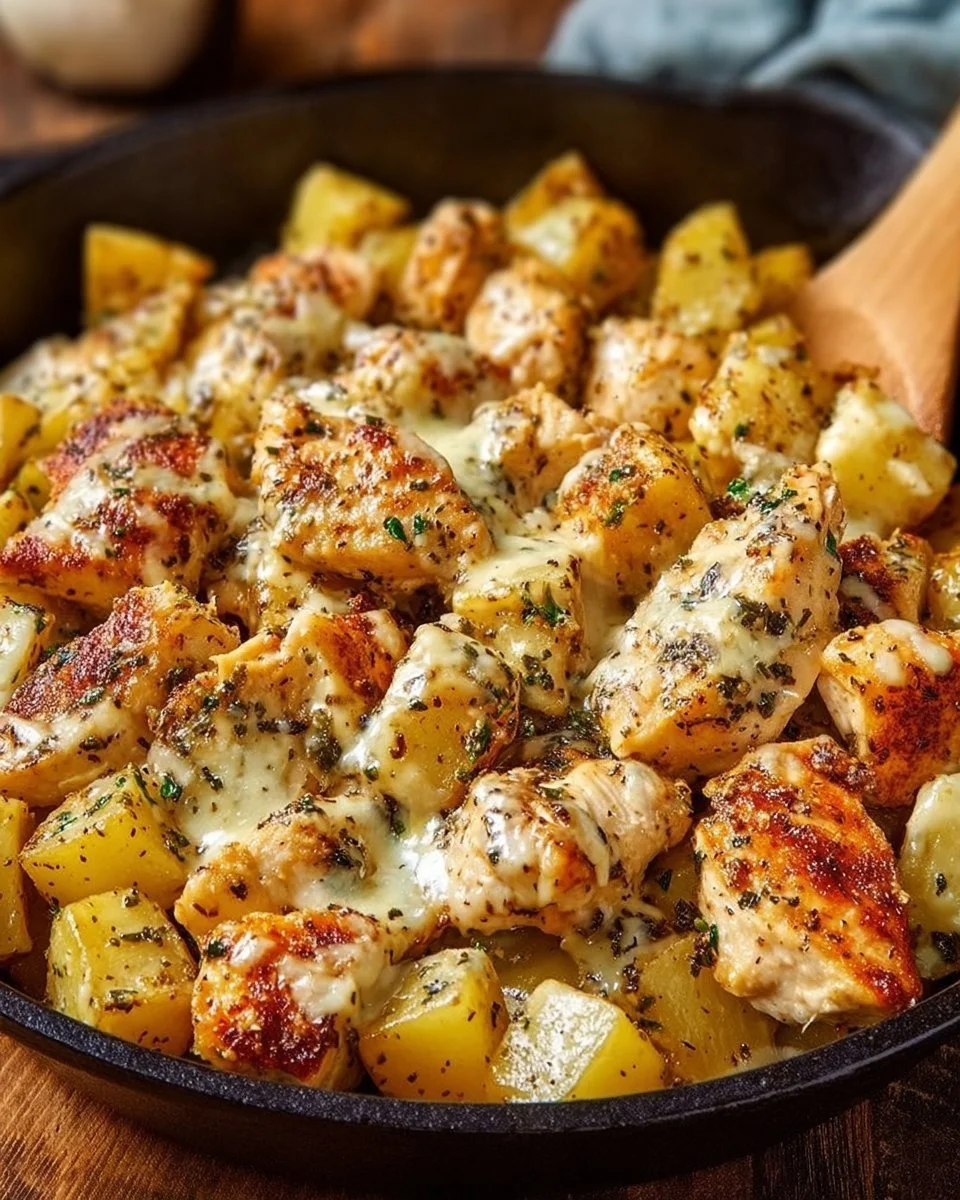 Garlic Parmesan Chicken and Potatoes Skillet - a tasty one-pan meal