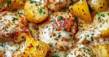 Delicious Garlic Parmesan Chicken and Potatoes in a crockpot.