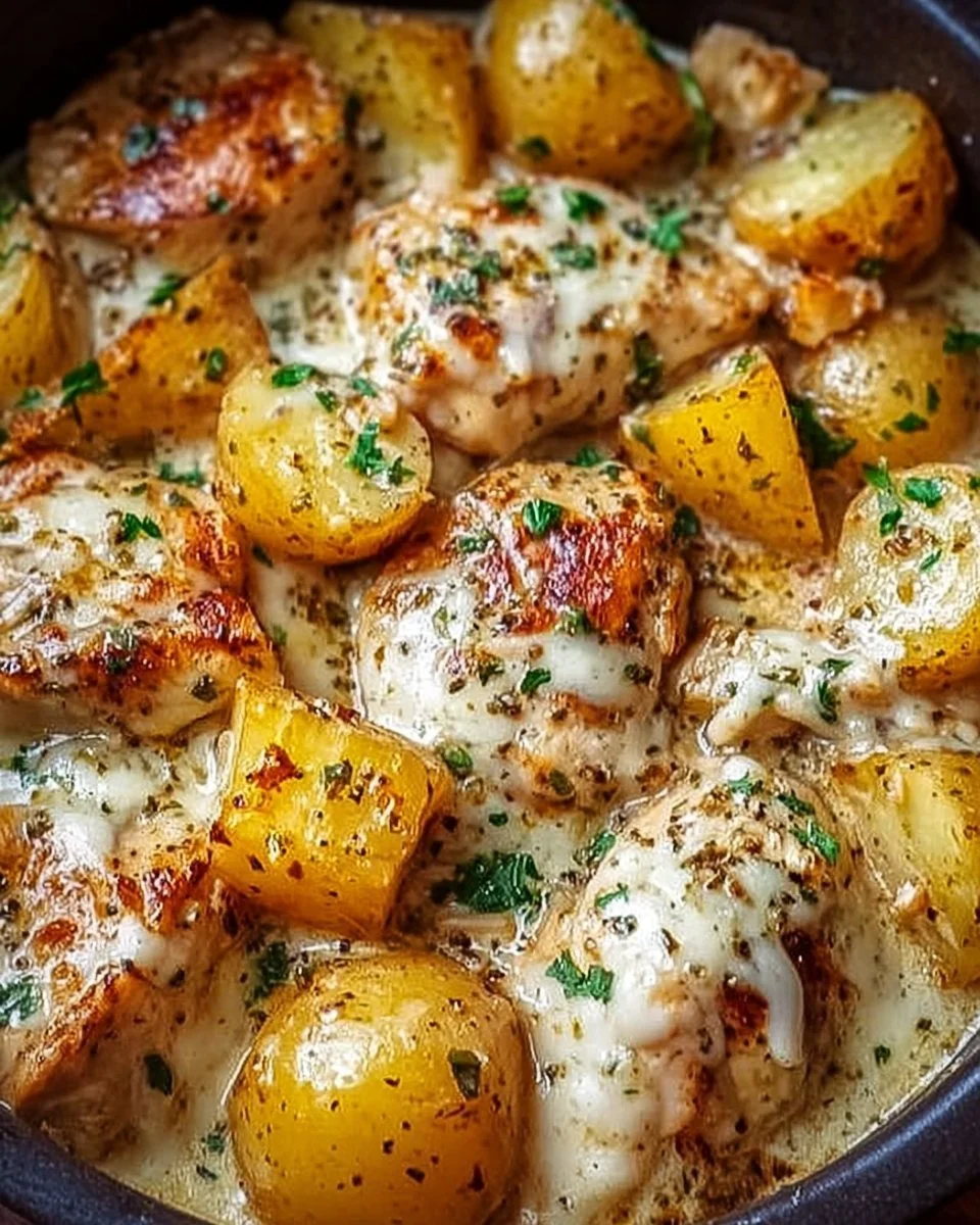 Delicious Garlic Parmesan Chicken and Potatoes in a crockpot.