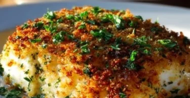 Delicious Garlic Parmesan Crusted Halibut garnished with herbs and lemon