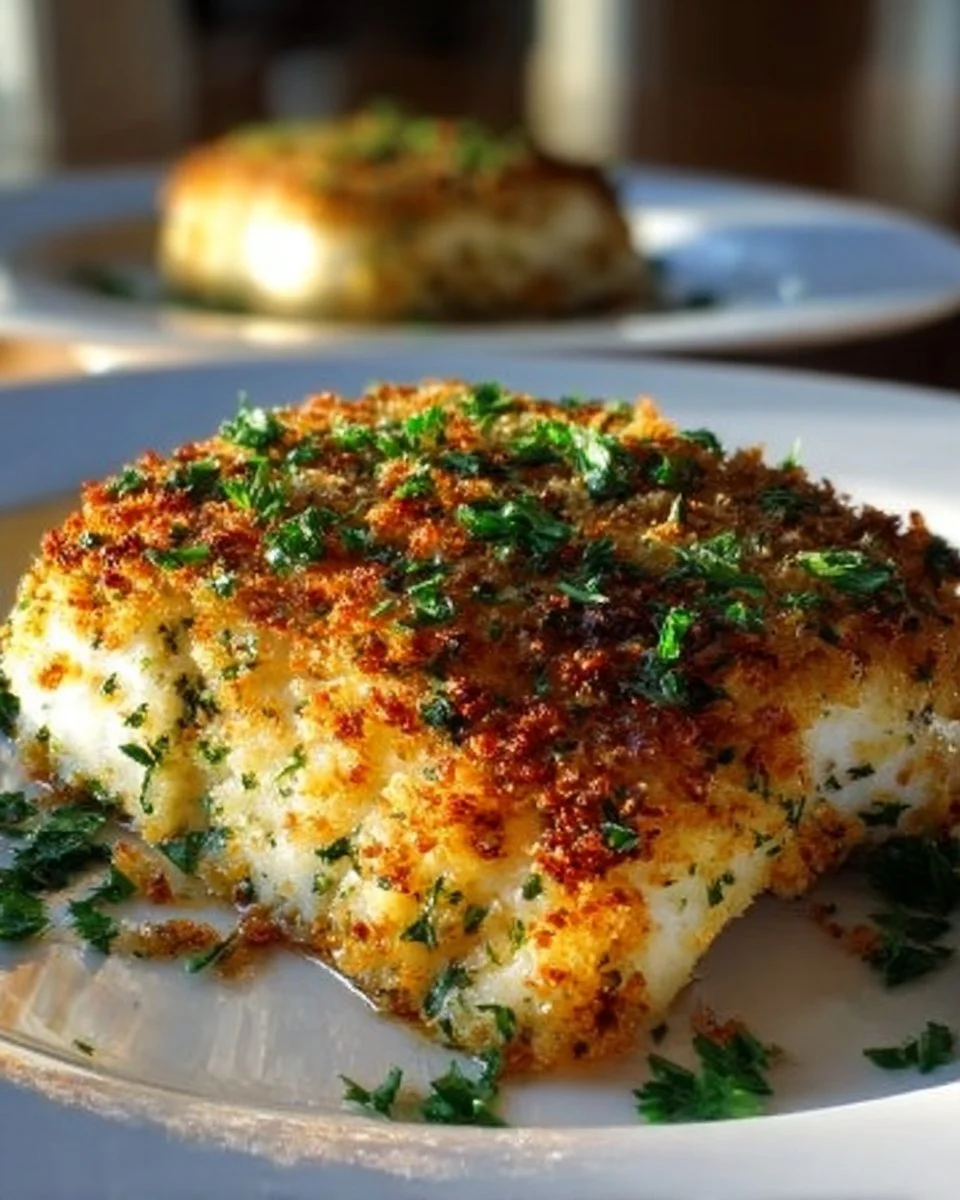 Delicious Garlic Parmesan Crusted Halibut garnished with herbs and lemon