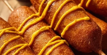 Delicious gluten-free corn dogs served on a plate with dipping sauce.