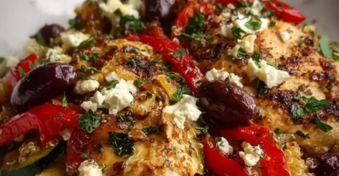 Baked Greek Chicken Casserole with vegetables and feta cheese