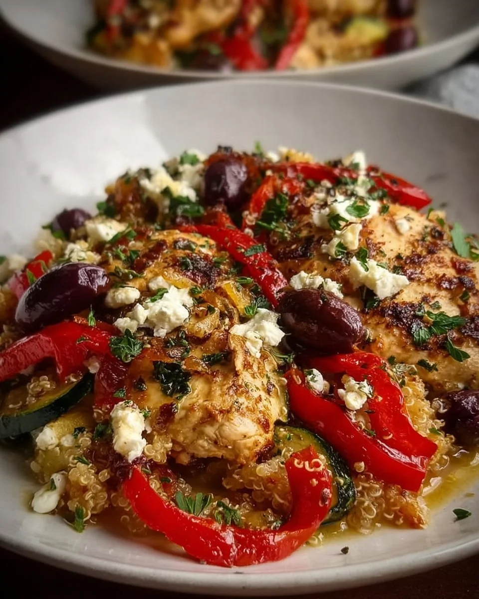 Baked Greek Chicken Casserole with vegetables and feta cheese