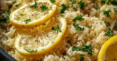 Bowl of Greek Lemon Rice garnished with fresh herbs and lemon slices