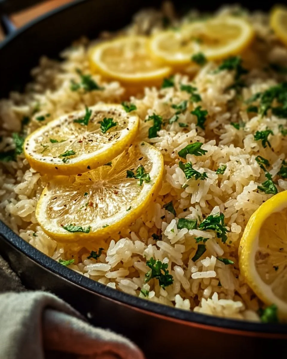 Bowl of Greek Lemon Rice garnished with fresh herbs and lemon slices