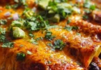 Ground Turkey Black Bean Enchiladas topped with fresh cilantro and cheese