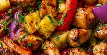 Delicious Hawaiian Chicken Sheet Pan ready to serve with colorful vegetables