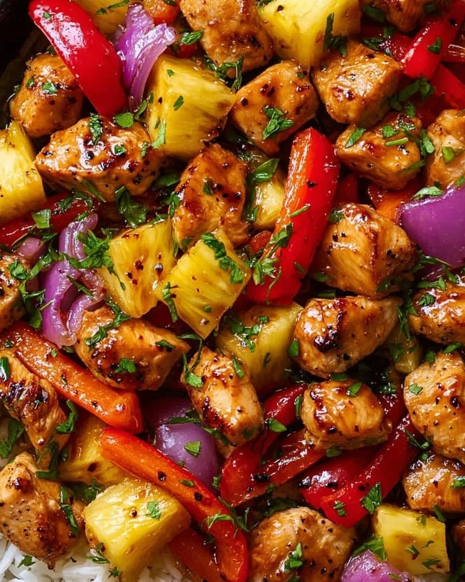 Delicious Hawaiian Chicken Sheet Pan ready to serve with colorful vegetables