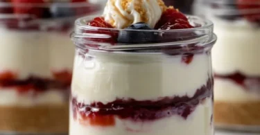 Healthy protein cheesecake jars with a creamy texture and tasty toppings