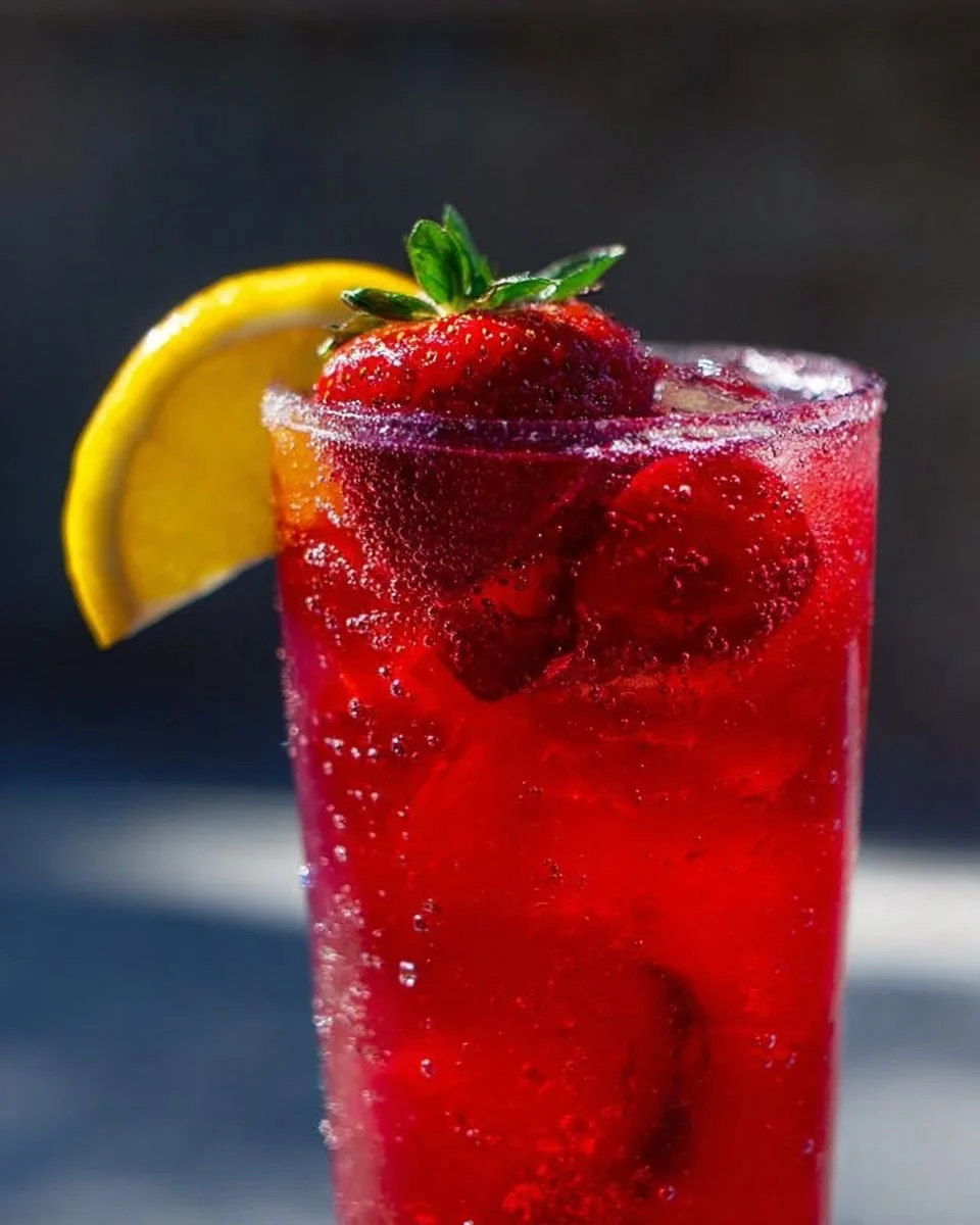 A refreshing glass of Hibiscus Tea Strawberry-Lemonade with mint garnish.